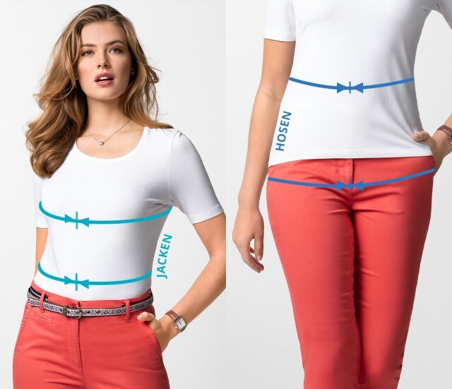 Frau in weißem T-Shirt und korallroten Hosen, mit blauen Linien zur Größenanpassung für Jacken und Hosen.