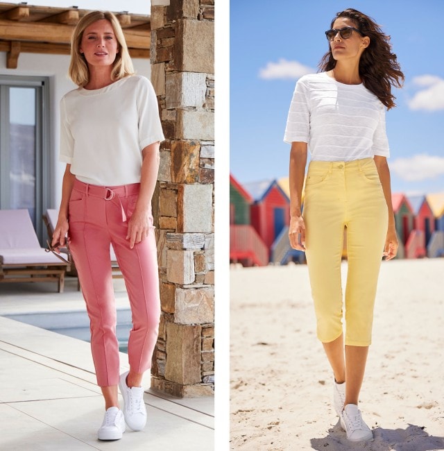 Zwei Frauen, die jeweils eine knallige Hose tragen.