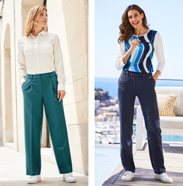Zwei Frauen, die jeweils eine elegante Hose tragen.