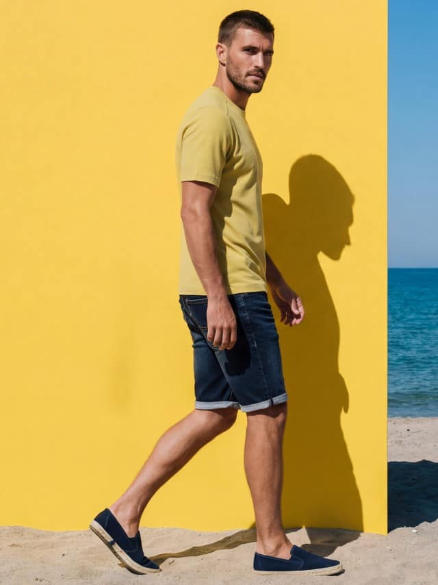 Ein Mann vor einer gelben Wand, trägt ein T-Shirt in Gelb mit blauen Jeans-Shorts. 
