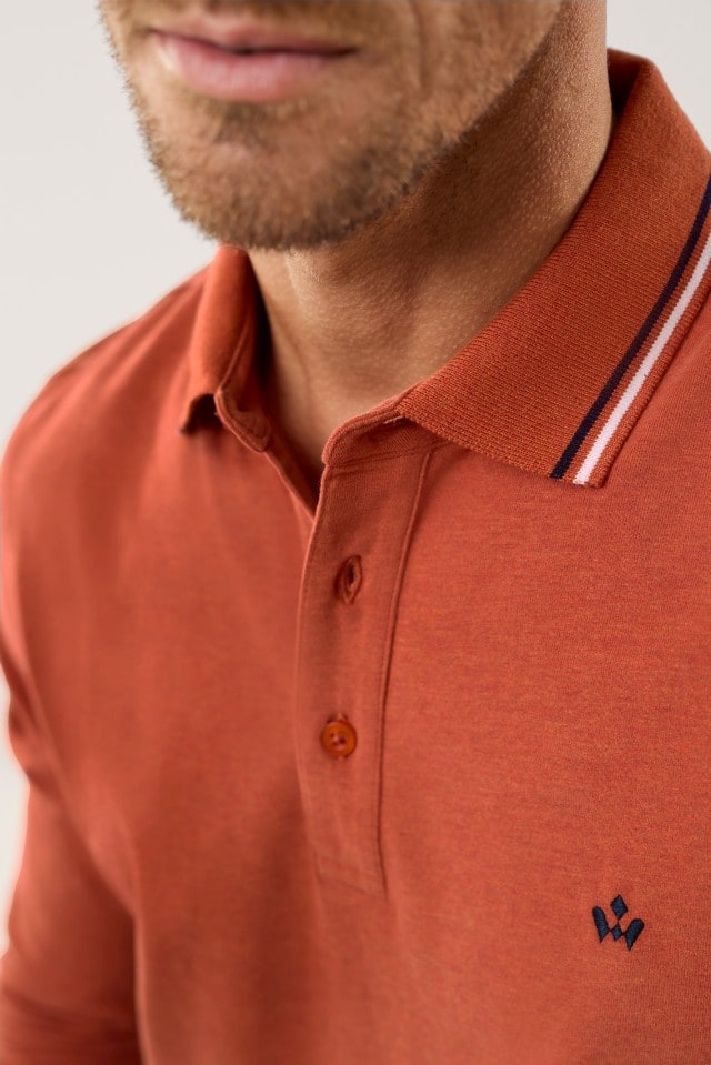 Ein Mann trägt ein terrakottafarbenes Poloshirt mit passender Knopfleiste, fein gestreiftem Kragen in Dunkelblau und Weiß sowie einer kleinen blauen Stickerei auf der Brust; das Foto zeigt eine Nahaufnahme von Hals und Oberteil.