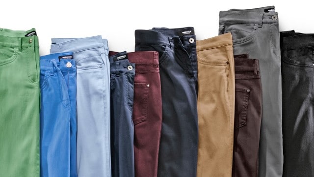 Bild von mehreren Hosen in verschiedenen Größen, Formen und Farben.