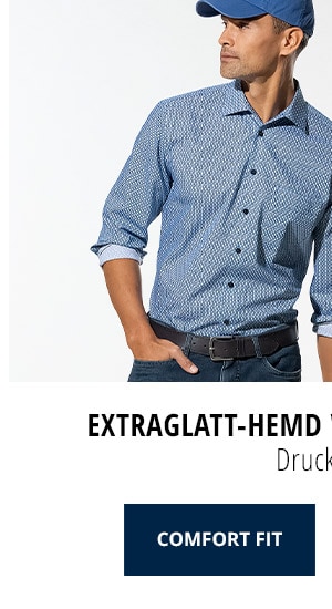 Extraglatt-Hemd Walbusch-Kragen Comfort Fit - Druck Blau | Walbusch