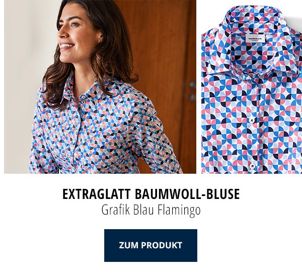 Extraglatt Baumwoll-Bluse Grafik Blau Flamingo | Walbusch