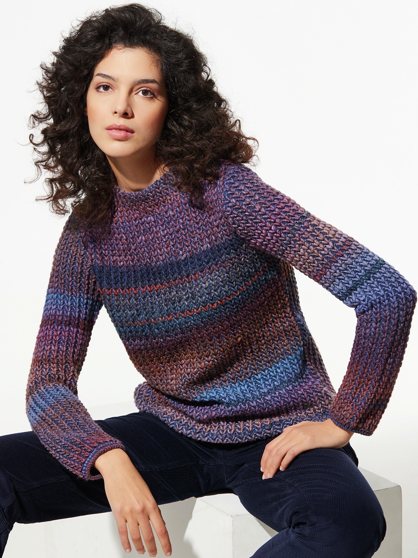 Grobstrick-Pullover Farbverlauf Tiefblau/Cognac