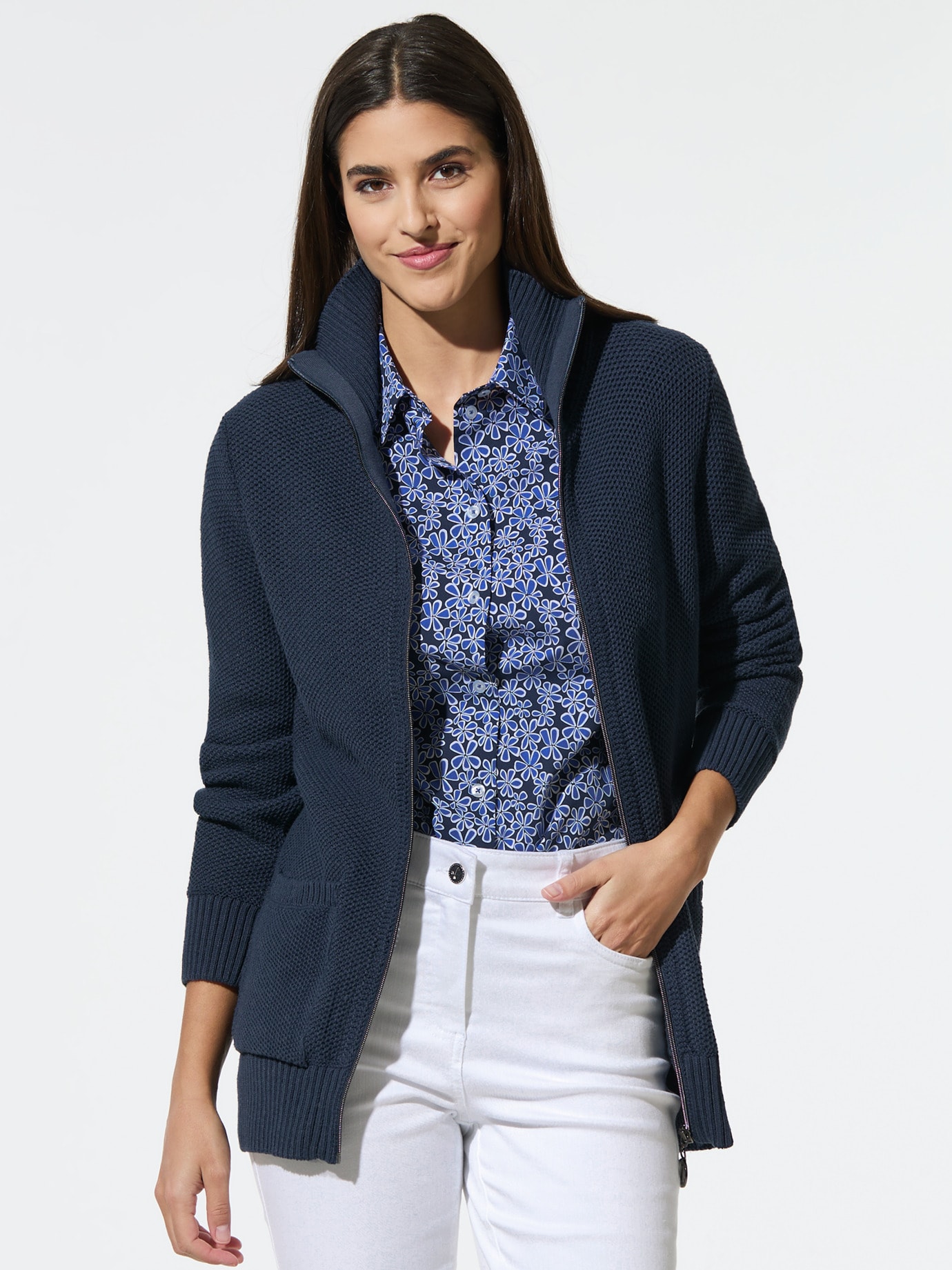 Zip-Longstrickjacke Marine