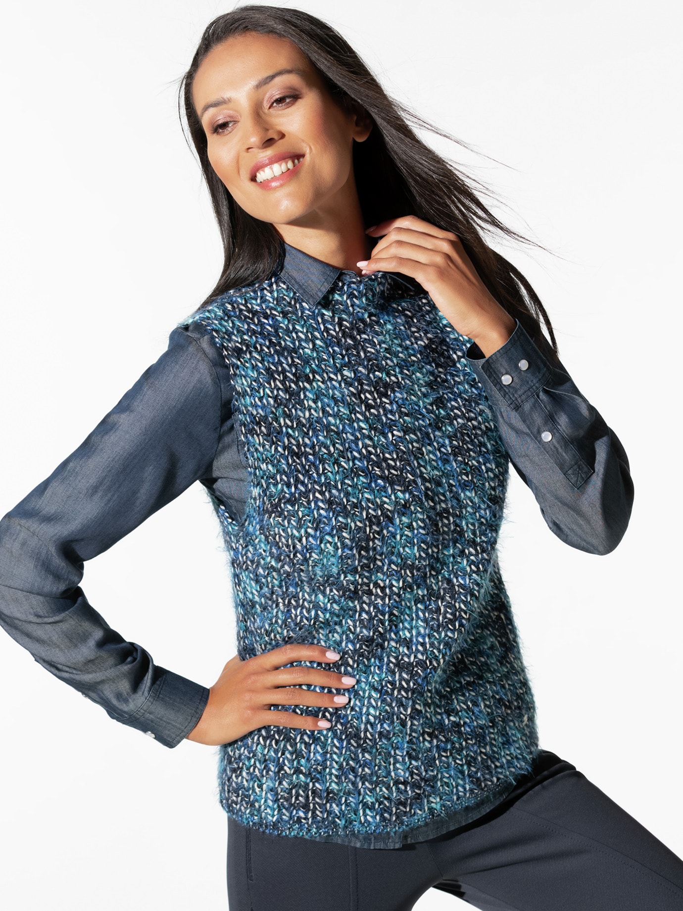 Effektgarn Pullunder Marine/Jeansblau
