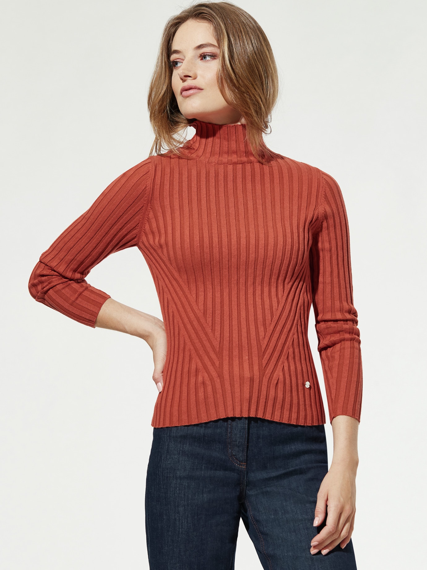 Stehbund-Pullover Diagonalrippe Zimt