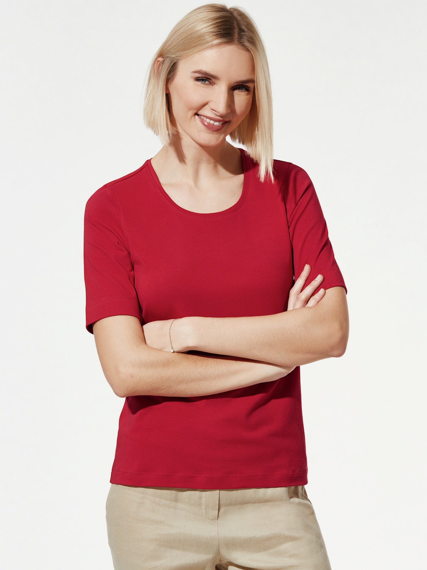 Baumwoll-Basic-Shirt Halbarm Feuerrot