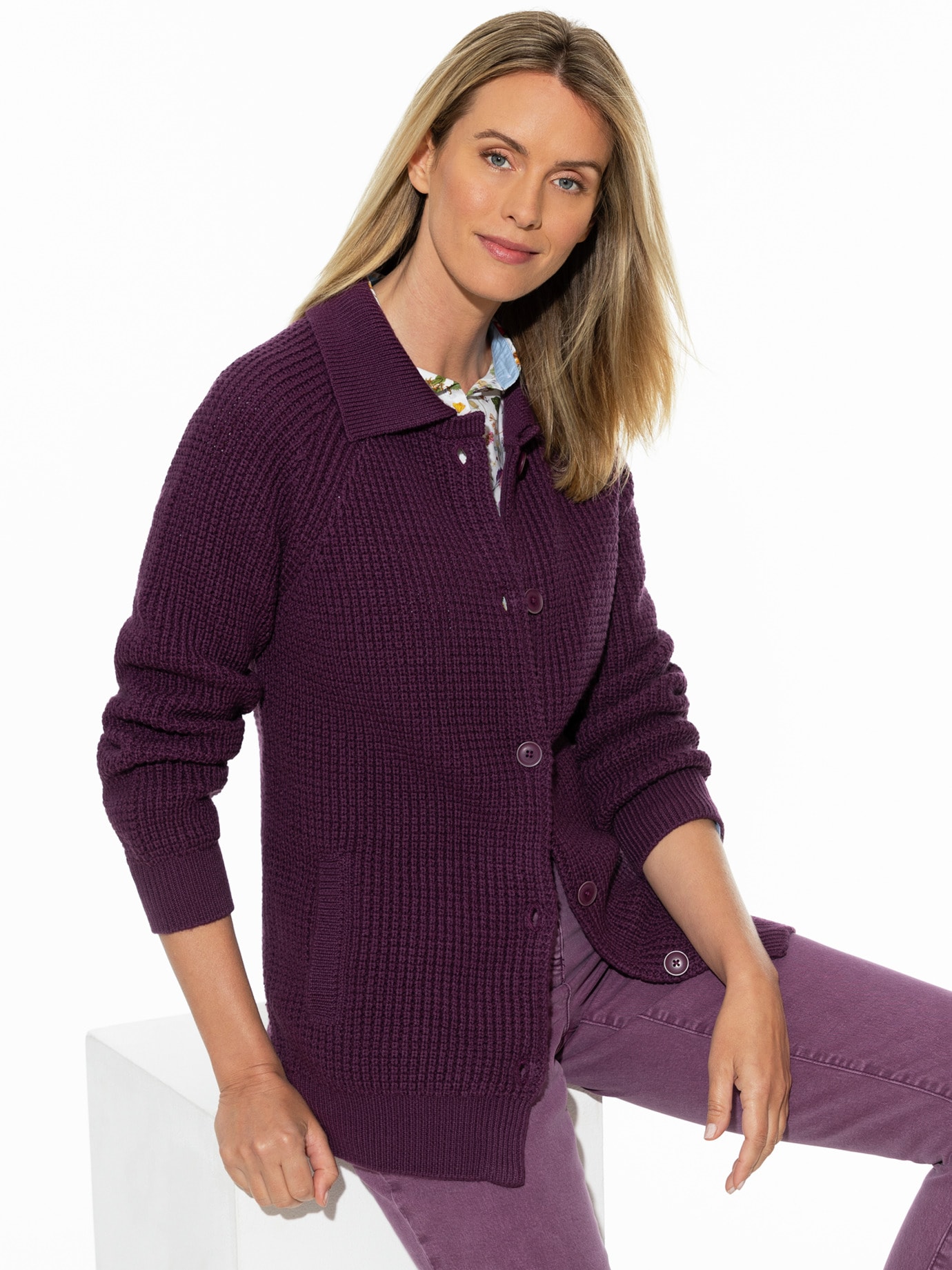 Merino-Strickjacke Waffelstruktur Cassis