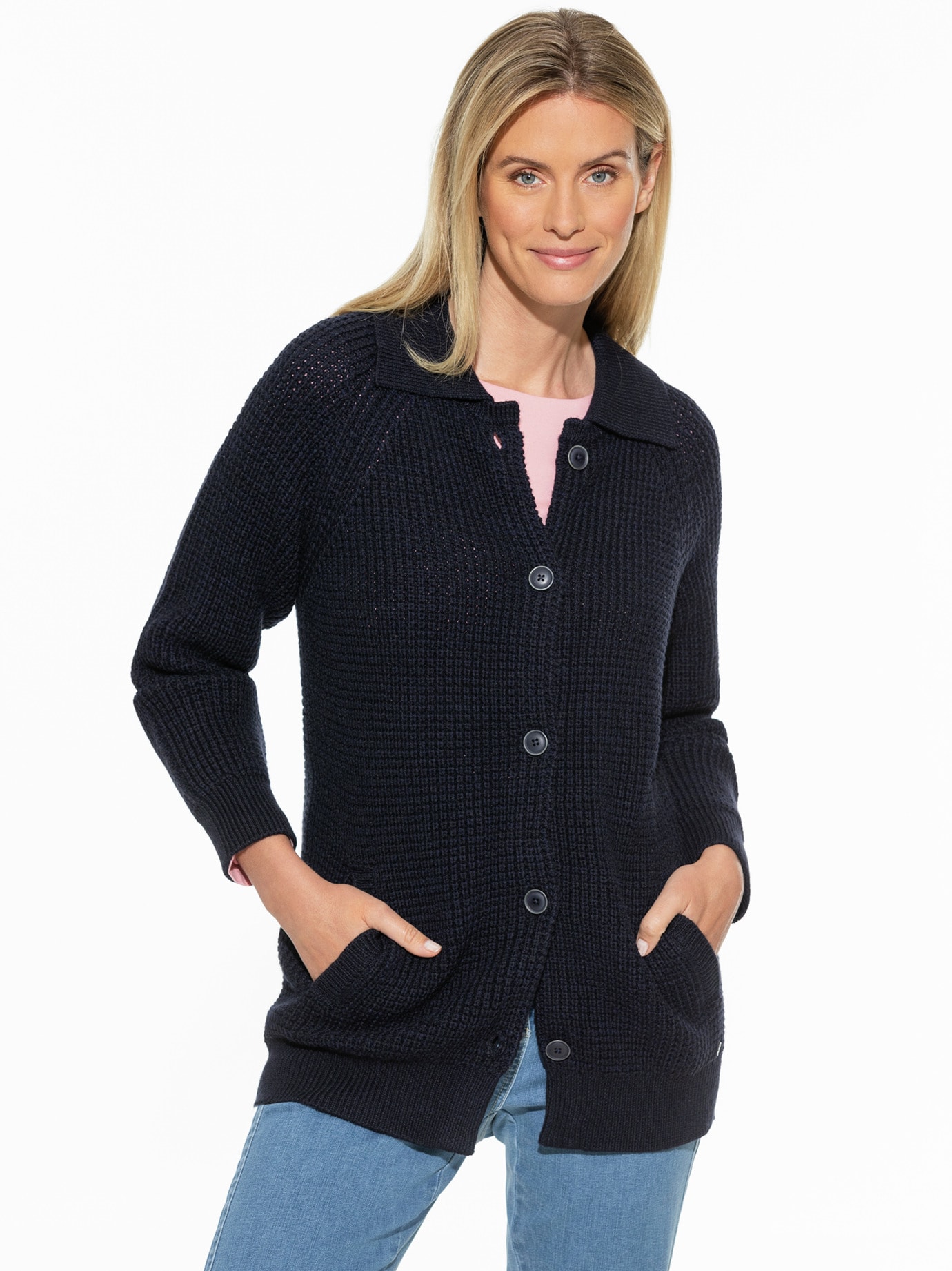 Merino-Strickjacke Waffelstruktur Marine