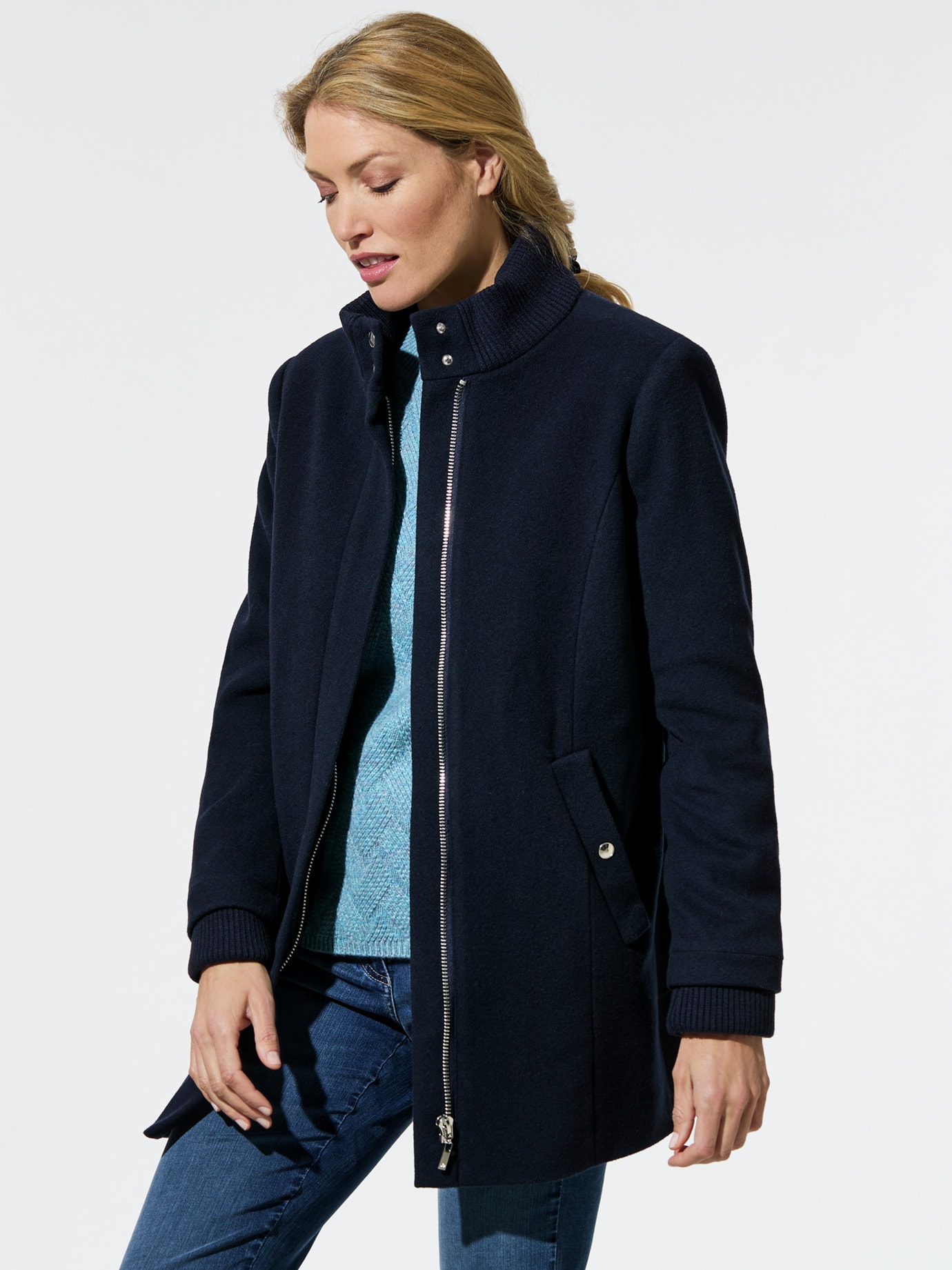 Velours Wolljacke mit Strick Marine