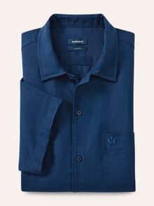 Leinen-Mix Revers-Kragen-Hemd Marine