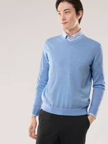 V-Pullover Merino Extrafein Hellblau