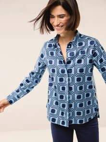 Baumwollbluse mit langer Manschette Grafik Skyblue
