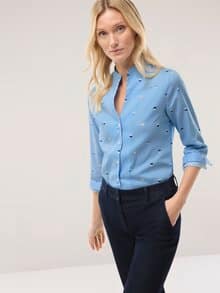 Extraglatt-Bluse Kelchkragen Tupfen Königsblau