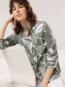 Tunika-Bluse mit Stehkragen Khaki Offwhite