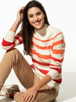 Cashmere-Seide-Pullover Streifenablauf Rotorange Detail 1
