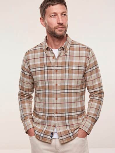 Hemd aus angerautem Baumwoll-Twill Karo Camel