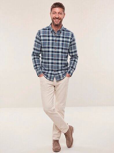 Hemd aus angerautem Baumwoll-Twill Karo Marine