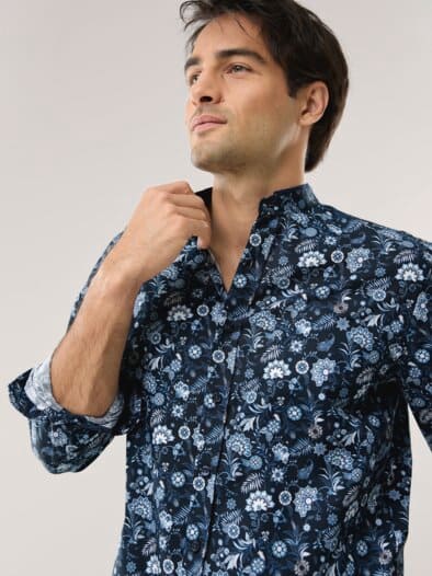 Extraglatt-Stehkragen-Hemd Druck Marine