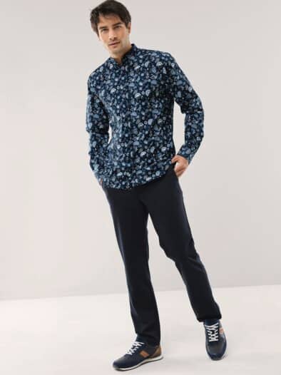 Extraglatt-Stehkragen-Hemd Druck Marine