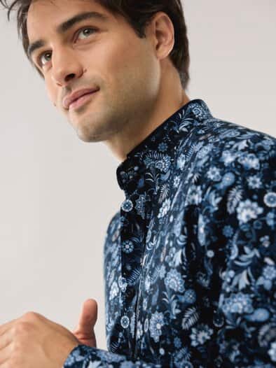 Extraglatt-Stehkragen-Hemd Druck Marine