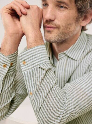 Pures Leinen Hemd Streifen Oliv