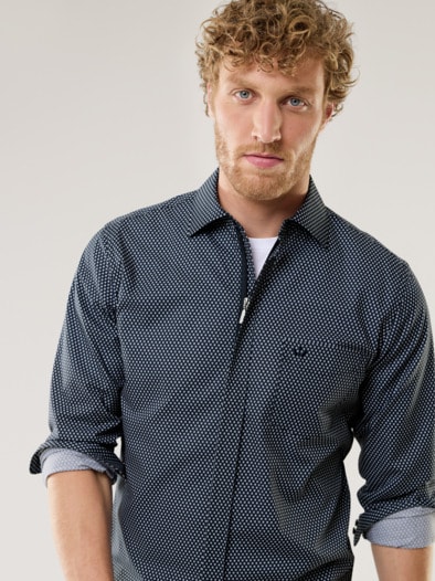 Extraglatt-Hemd Zip & Go Druck Marine