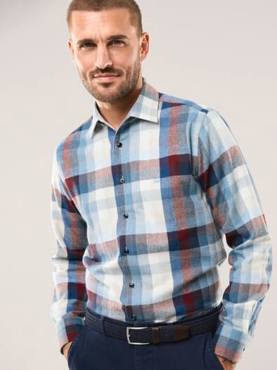 Hemd aus portugiesischem Flanell Blockkaro Bordeaux