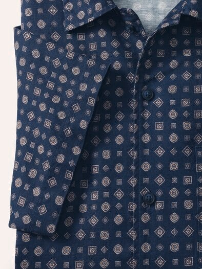 Leinen-Mix Revers-Kragen-Hemd Druck Marine