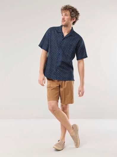 Leinen-Mix Revers-Kragen-Hemd Druck Marine