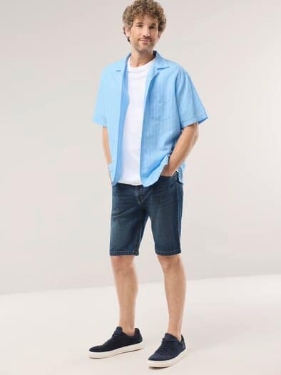 Leinen-Mix Revers-Kragen-Hemd Streifen Bleu