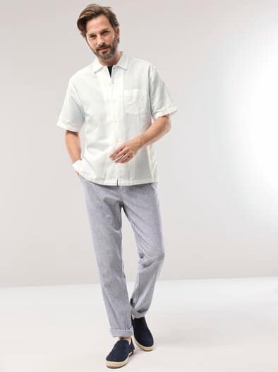 Leinen-Mix Revers-Kragen-Hemd Weiß