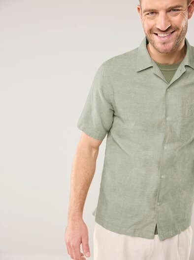 Leinen-Mix Revers-Kragen-Hemd Oliv