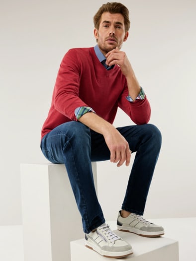 Merino-Mix V-Pullover Korallenrot