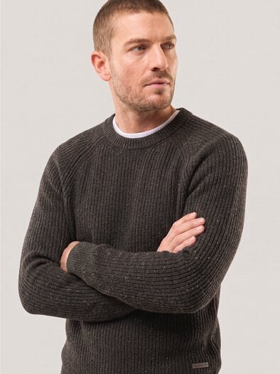 Rundhalspullover in Tweed Optik Dunkelbraun