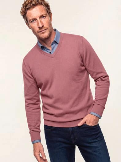 V-Pullover Merino Extrafein Rosenholz