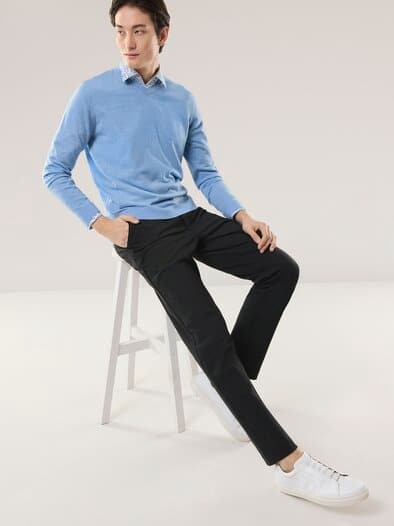 V-Pullover Merino Extrafein Hellblau