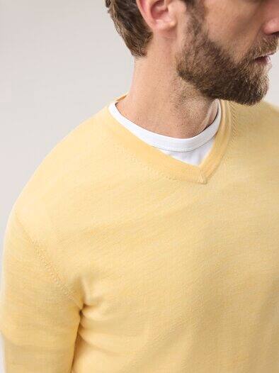 V-Pullover Merino Extrafein Zitronengelb