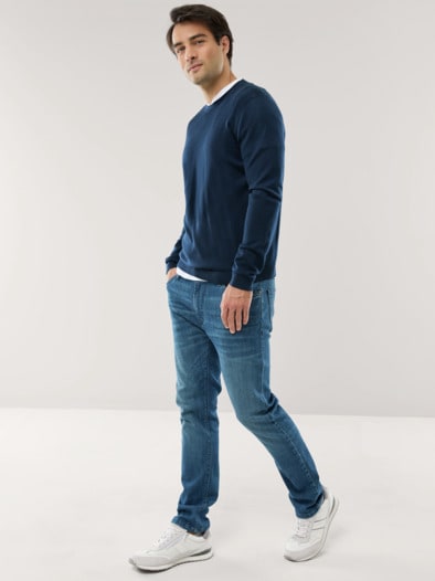 Rundhals-Pullover Merino Extrafein Marine