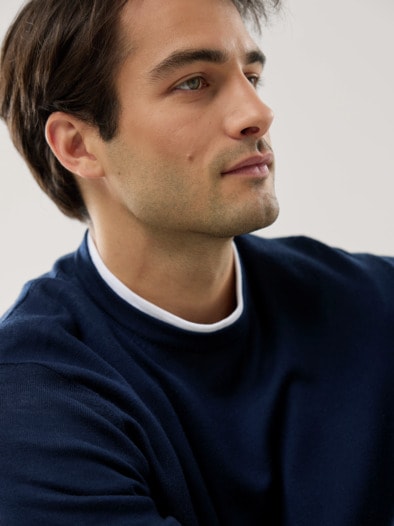 Rundhals-Pullover Merino Extrafein Marine