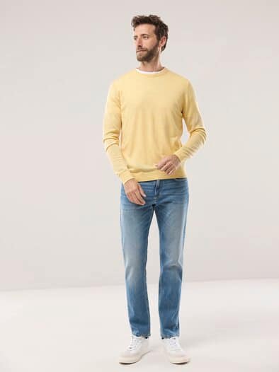 Rundhals-Pullover Merino Extrafein Zitronengelb