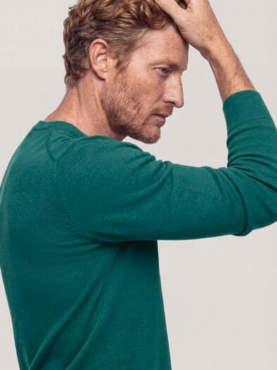 Rundhals-Pullover Merino Extrafein Blaugrün
