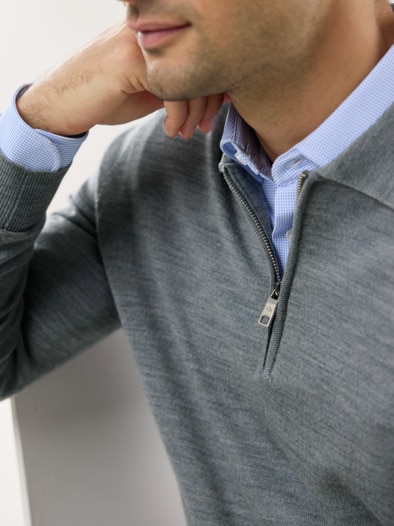 Polo-Pullover Merino Extrafein Grau Melange