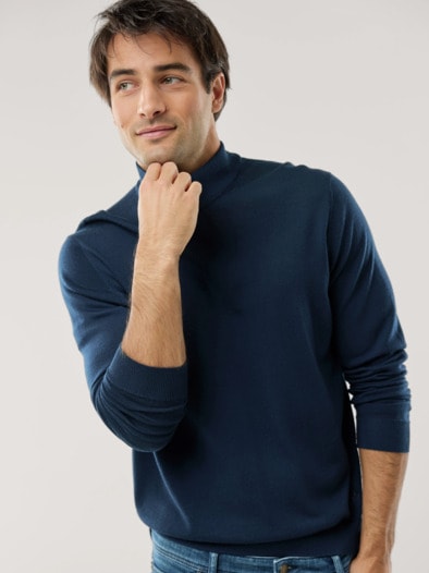 Stehbund-Pullover Merino Extrafein Marine