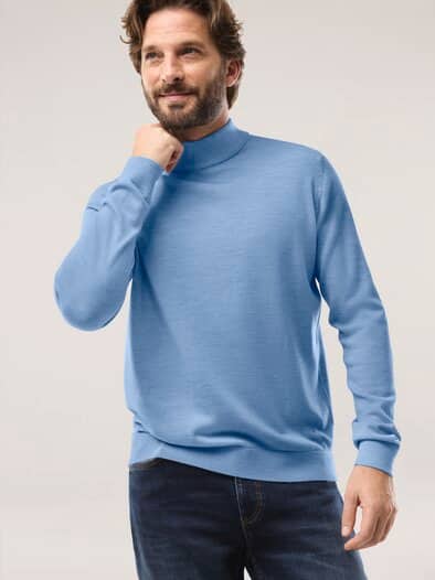 Stehbund-Pullover Merino Extrafein Hellblau