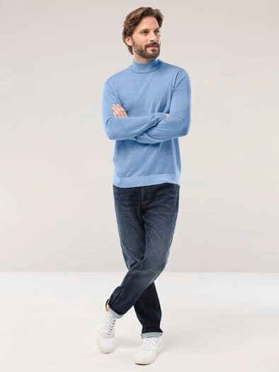Stehbund-Pullover Merino Extrafein Hellblau