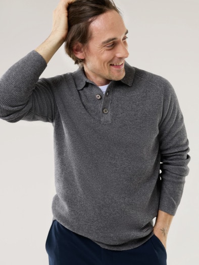 Patentstrick-Polopullover Grau Melange
