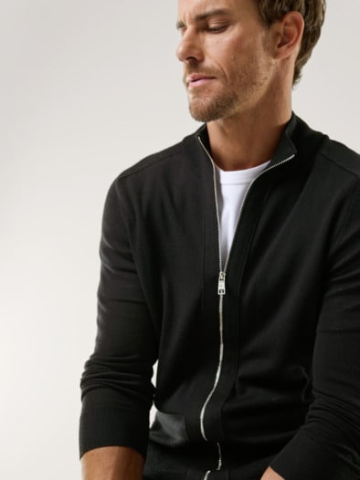 Zip-Strickjacke Merino Extrafein Schwarz